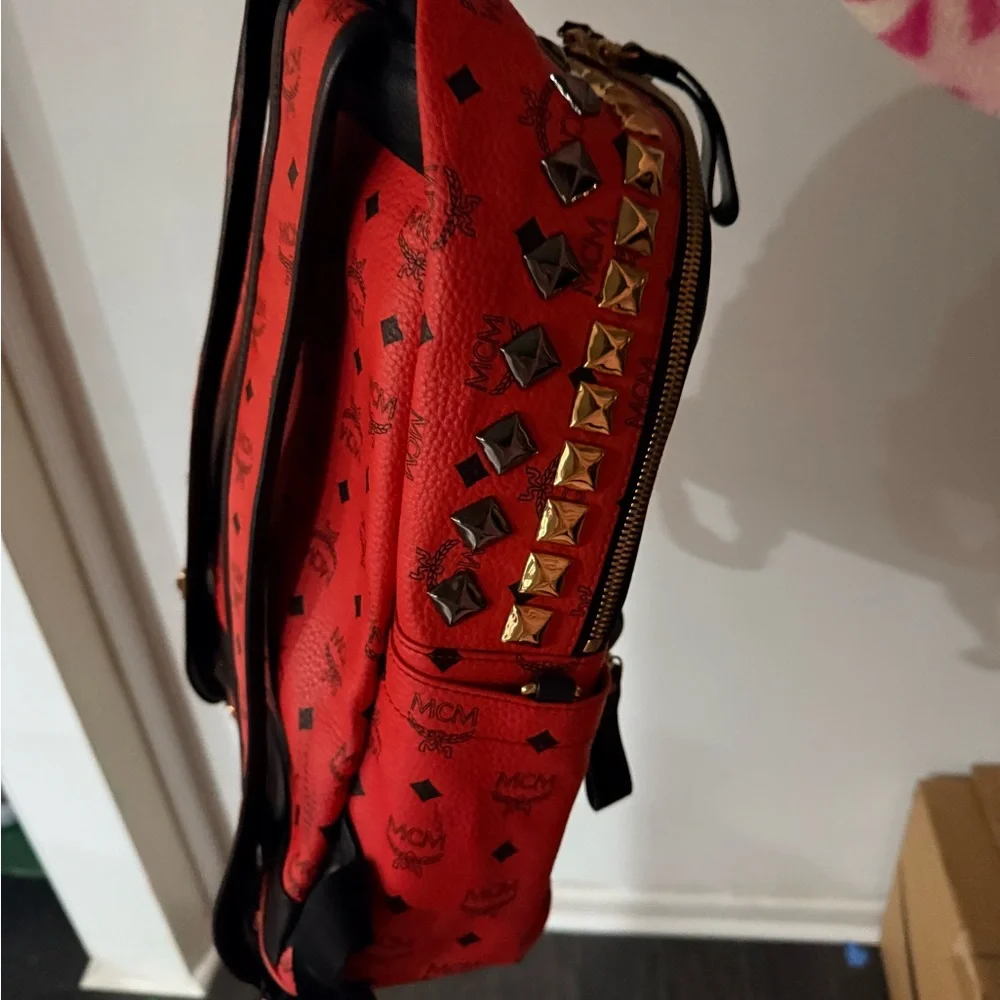 MCM Red and Black Studded Backpack - Picture 6 of 12
